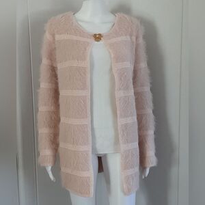 JANICE APPAREL Pink Blush Faux Fur Knit Open Front Cardigan Sz L - NWT